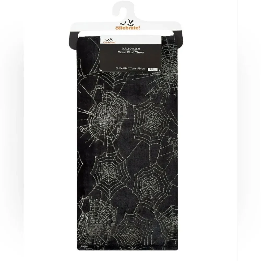 Halloween velvet plush throw blanket- Black w Silver Metallic Spiderwebs- 50x60
